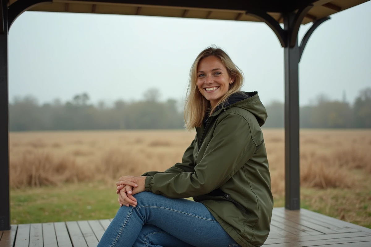 Femme souriante assise sous un gazebo robuste dans un champ ouvert