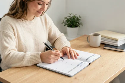 Jeune femme écrivant dans un semainier imprimé posé sur un bureau en bois clair, ambiance bureau à domicile organisé et serein