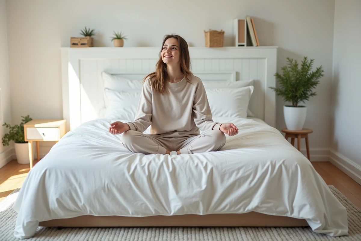Jeune femme assise sur un lit escamotable en testant sa solidité