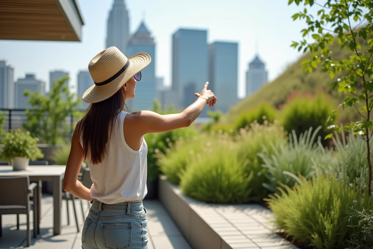 Jeune femme pointant un toit végétal écologique sur une maison contemporaine