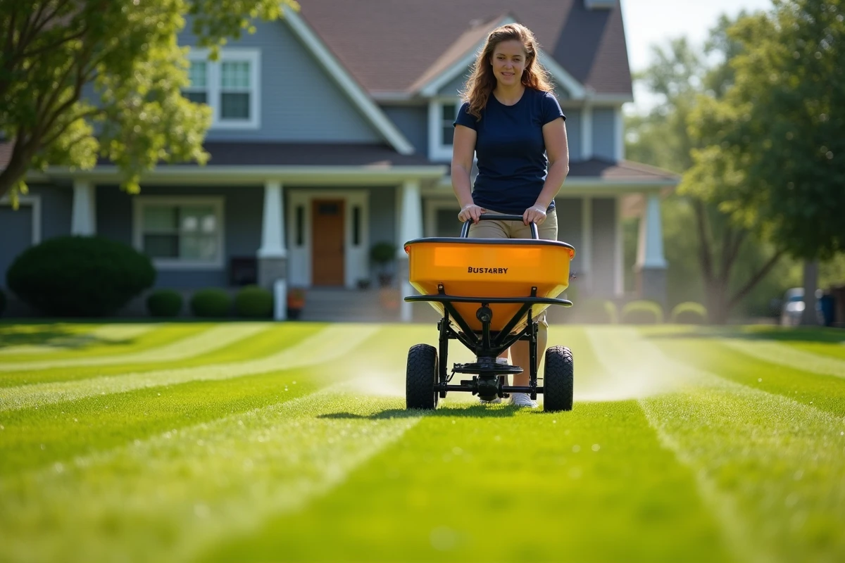 Jeune femme utilisant un épandeur à fertilisant dans la pelouse