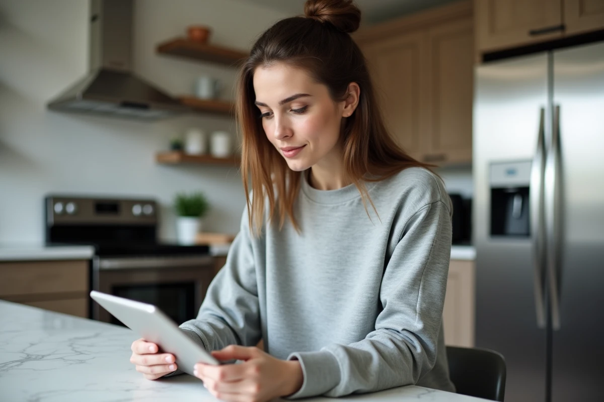Jeune femme consulte une estimation d alarme sur sa tablette dans la cuisine