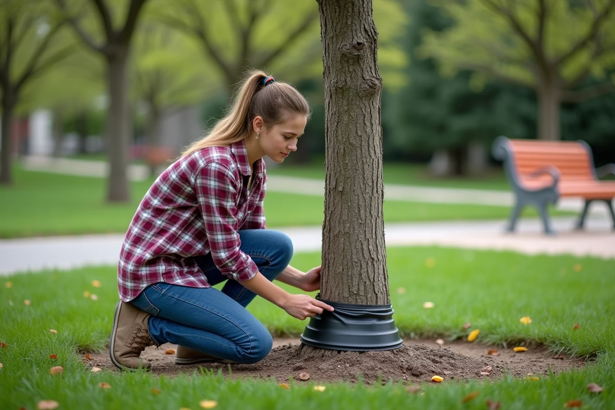 Jeune femme vérifiant un anneau plastique autour d’un arbre dans un parc