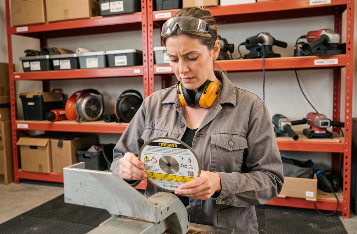 Femme bricoleure vérifiant les marquages de sécurité d'un disque tronçonner métal dans un garage