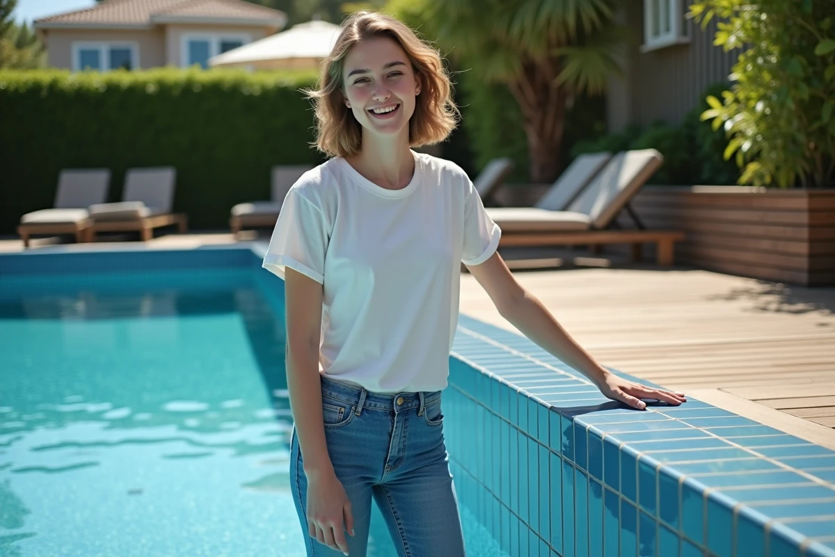Jeune femme souriante touchant les tuiles de la piscine