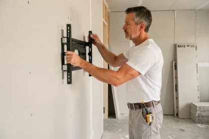 Technicien fixant un support de télévision sur un mur en placo BA13 dans une pièce en cours de rénovation