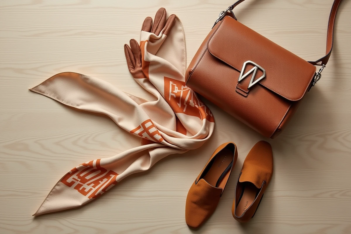 Flat lay d'accessoires de mode marque W : sac en cuir, foulard en soie et mocassins en daim