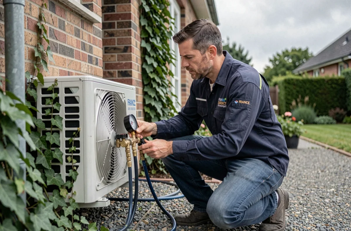 Technicien de France Direct Habitat Energie installant une unité de climatisation split sur une maison normande