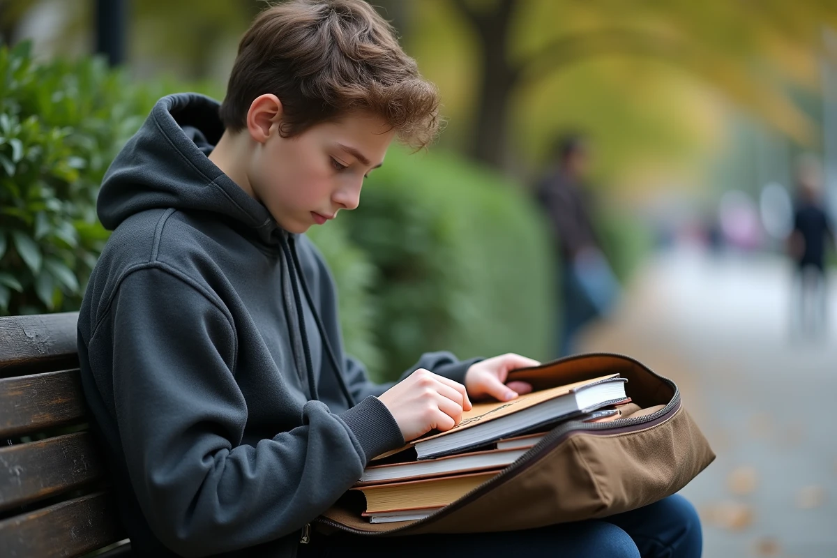 Adolescent organise ses livres dans un sac en plein air