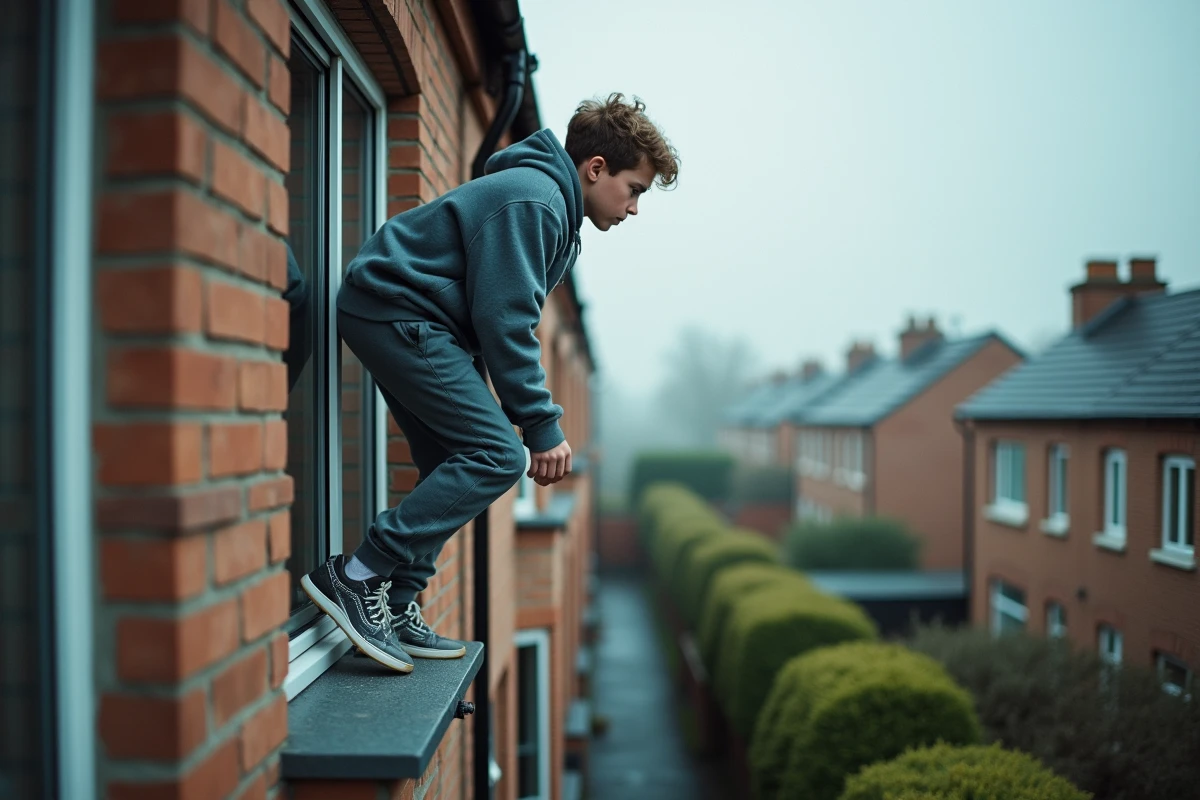 Adolescent sortant prudemment par une fenêtre en fumée
