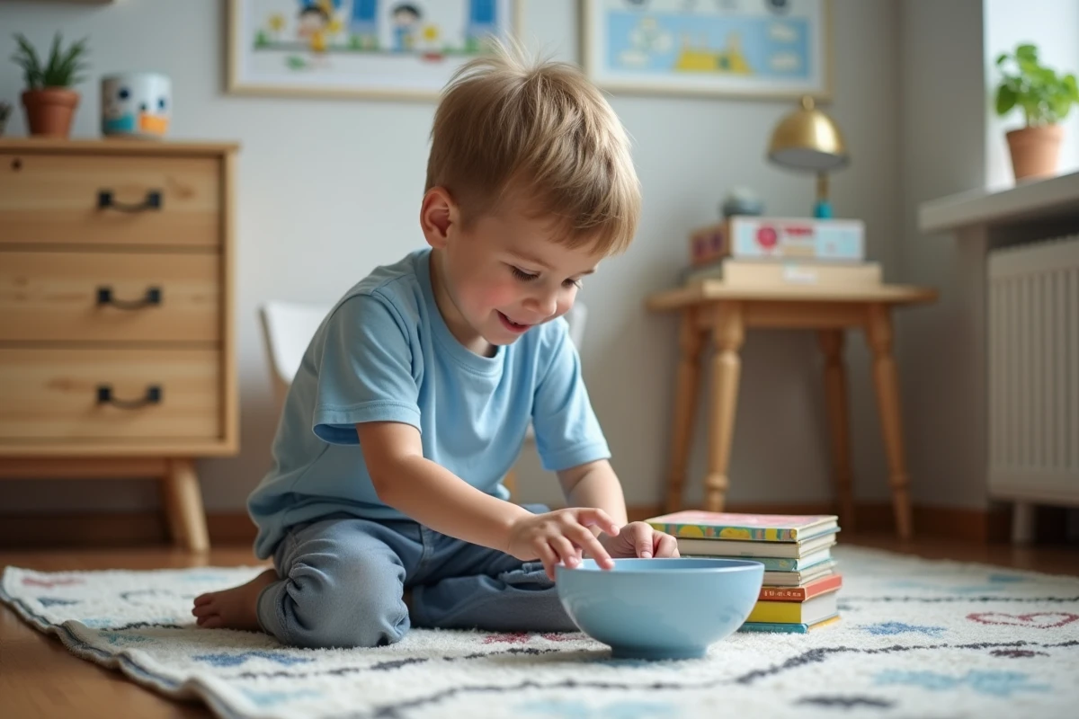 Jeune garçon regardant curieusement un bol d