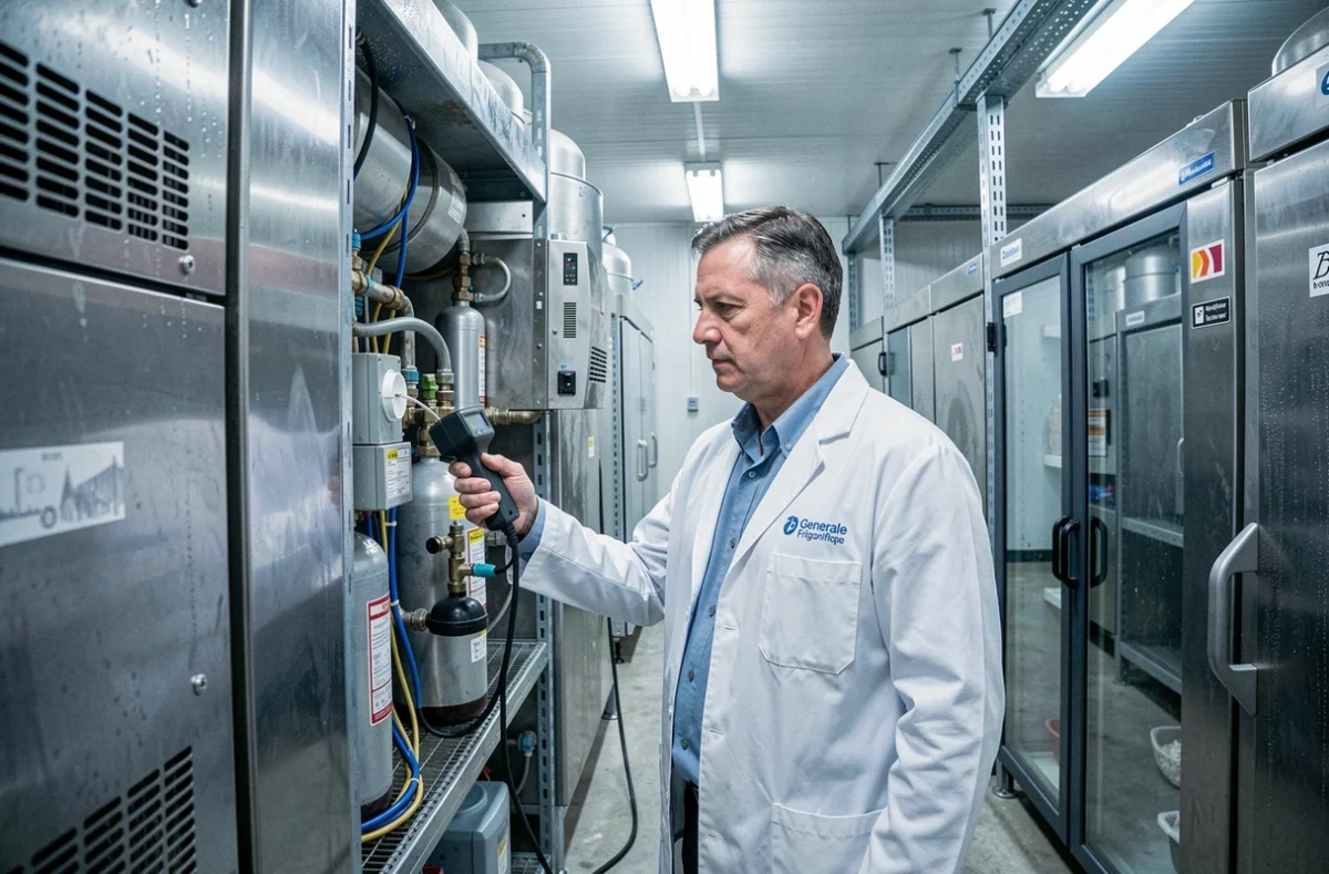Ingénieur de Generale Frigorifique inspectant un système de réfrigération industriel dans un entrepôt frigorifique en Seine-Maritime