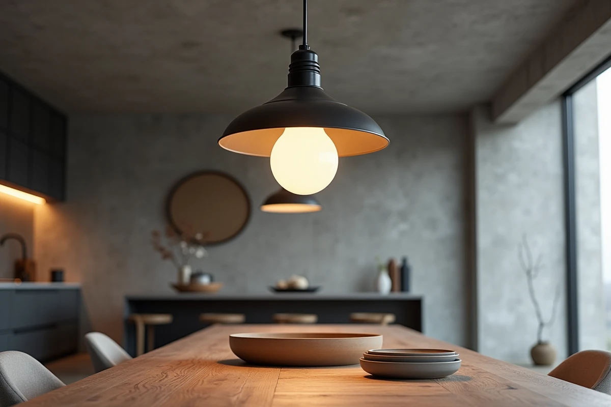Grand plafonnier industriel avec grosse ampoule globe E27 suspendu au-dessus d'une table à manger dans une cuisine ouverte au plafond béton