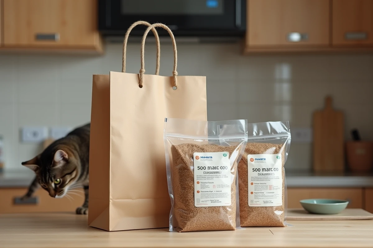Sacs de granules Leclerc ramenés du supermarché posés sur un plan de travail de cuisine avec un chat curieux