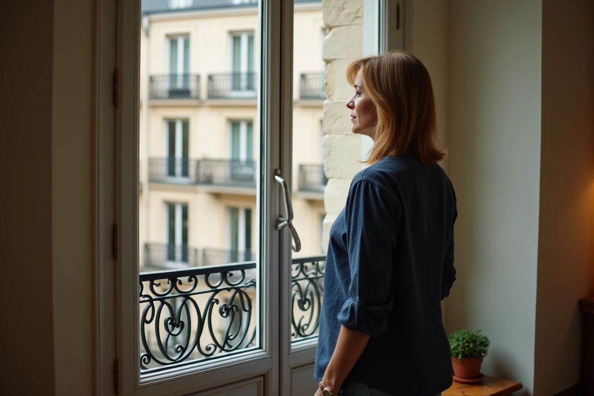 Femme regardant à travers un grillage décoratif de protection fenêtre sur mesure dans un appartement parisien