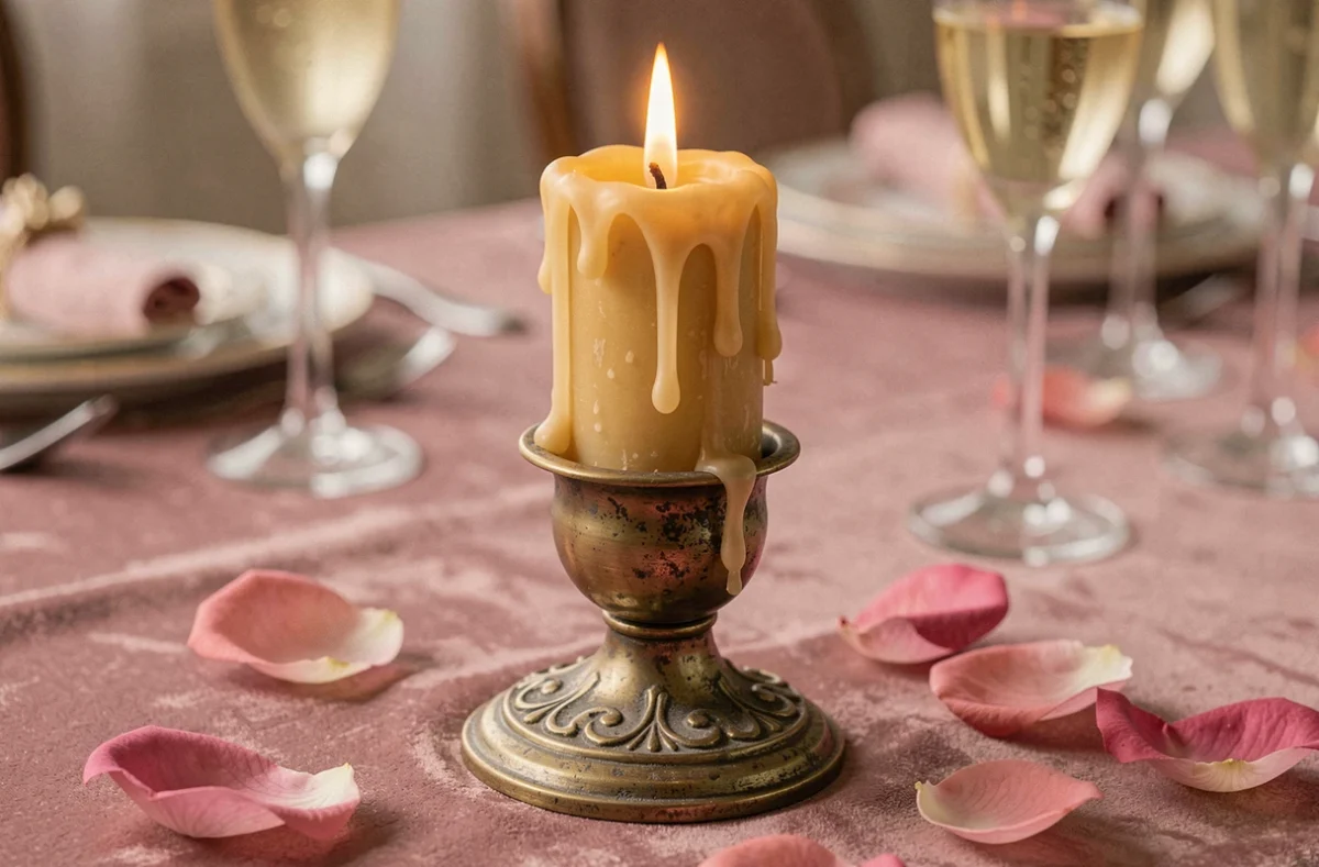 Gros plan d'une bougie fausse flamme LED effilée dans un chandelier laiton antique sur nappe rose poudré pour mariage raffiné