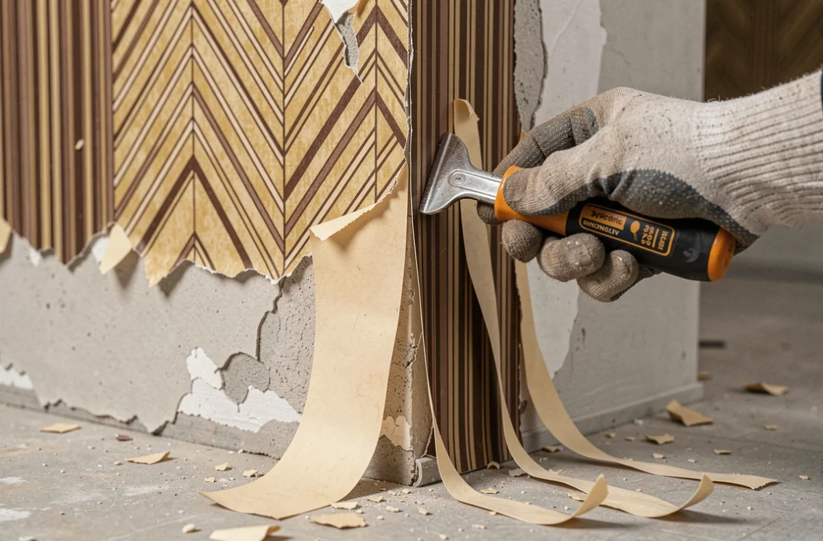 Gros plan sur plusieurs couches de papier peint décollées révélant le plâtre d'un mur ancien