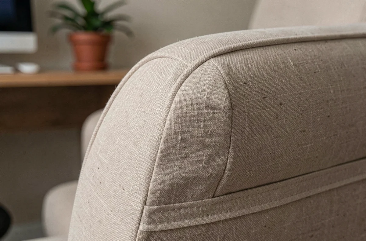 Gros plan sur la tension parfaite d'une housse extensible beige sur l'accoudoir d'un fauteuil moderne