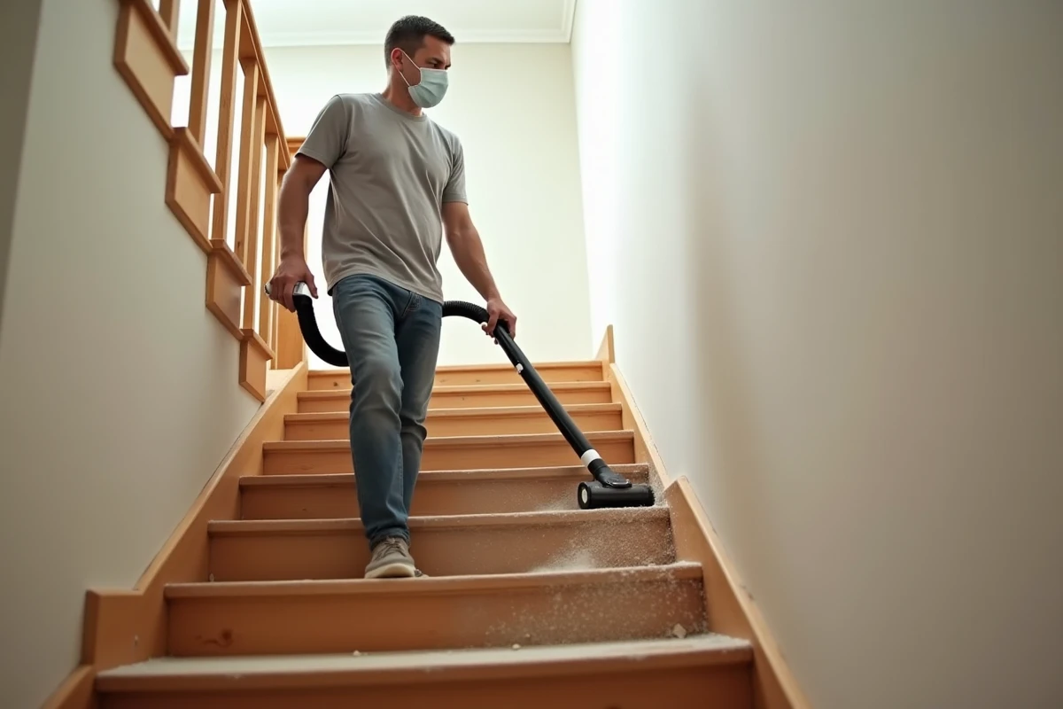 Homme utilisant un aspirateur pour nettoyer un escalier en bois