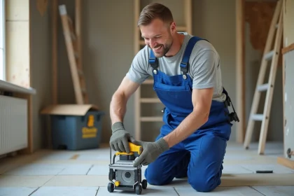 Homme en overalls assemble un coupe-carreaux dans une pièce en rénovation