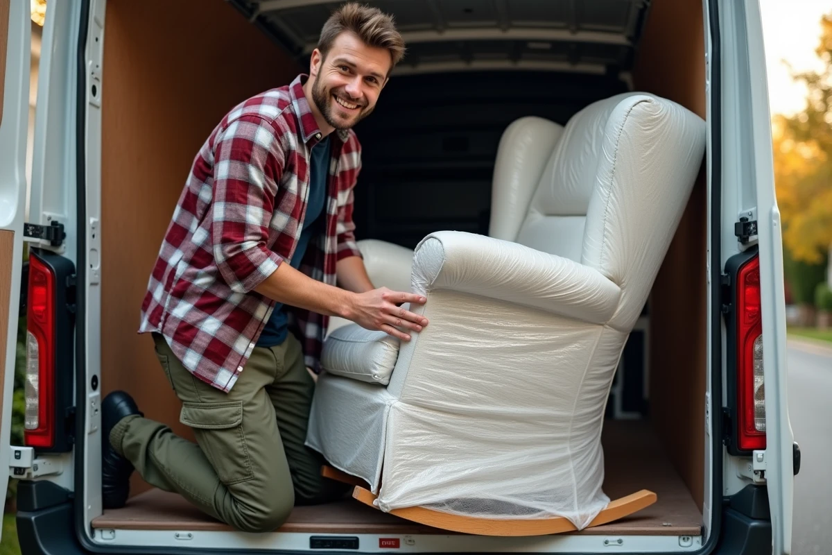 Jeune homme sécurisant un fauteuil dans une camionnette de livraison