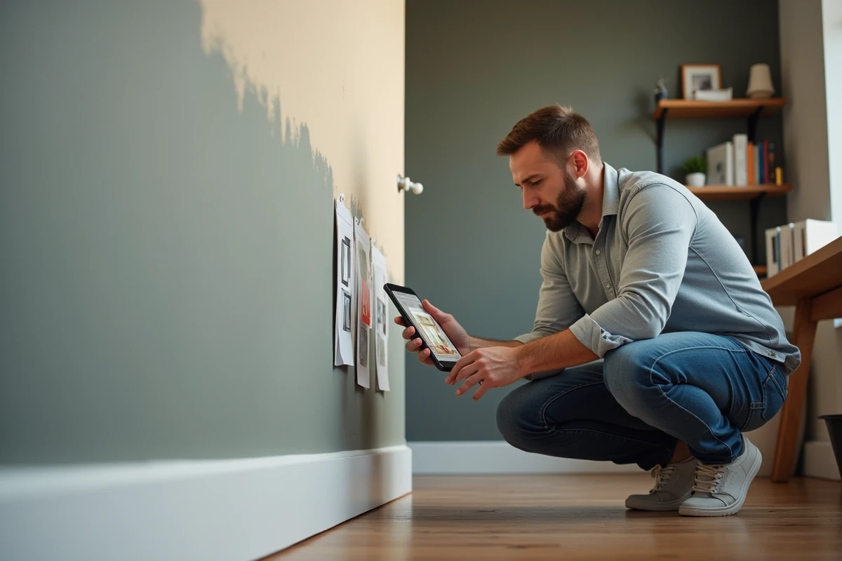 Homme comparant des échantillons de peinture avec une application de simulation de couleurs sur smartphone dans un bureau moderne