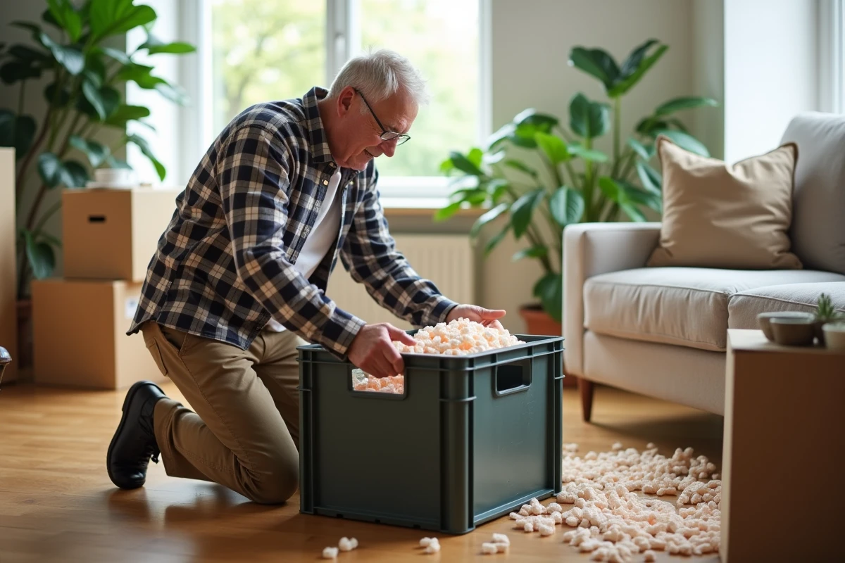 Homme protégeant des contenants dans un espace moderne