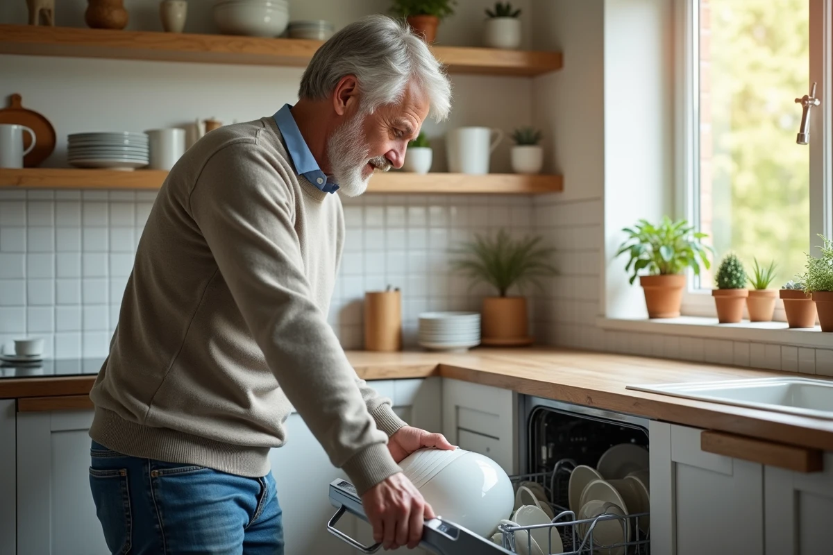 Homme déchargeant le lave-vaisselle dans la cuisine