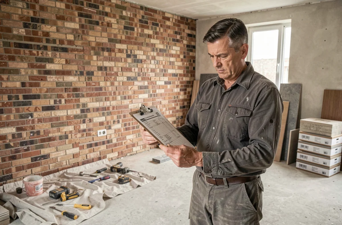 Homme lisant un devis de chantier dans une pièce en cours de rénovation avec budget limité