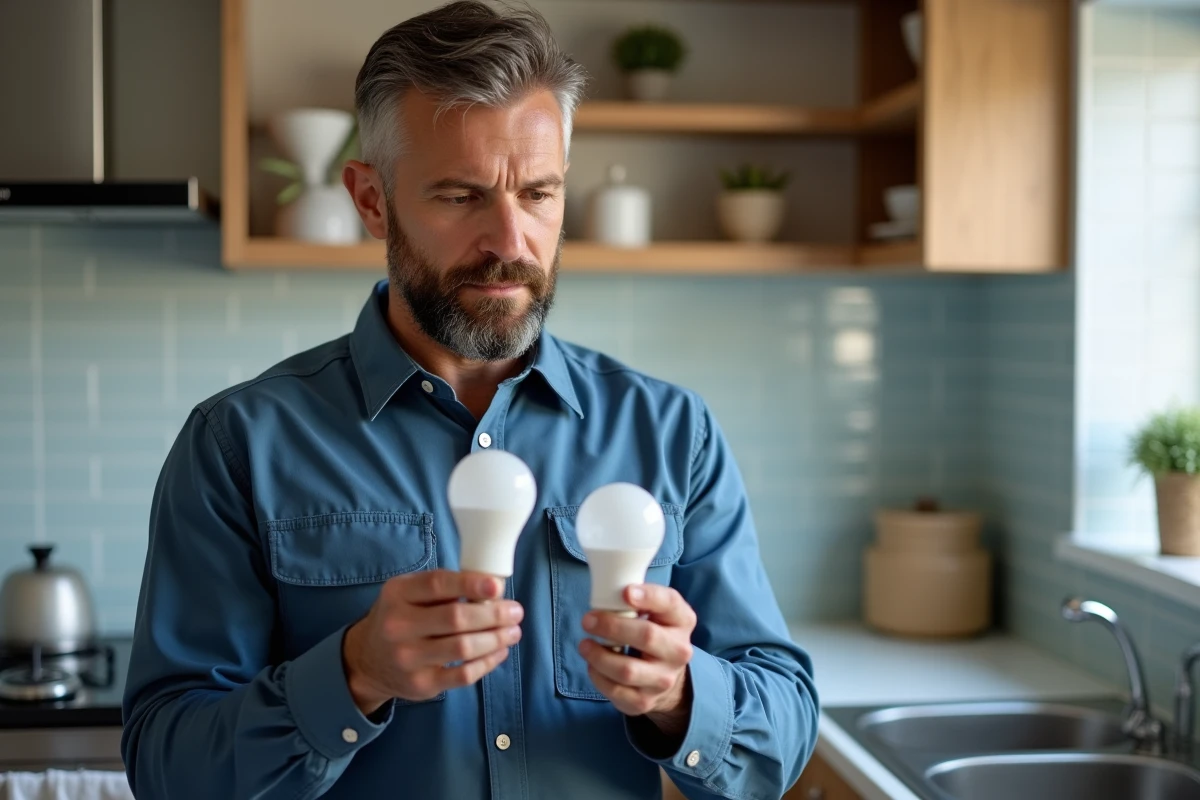 Homme avec deux ampoules basse consommation dans la cuisine