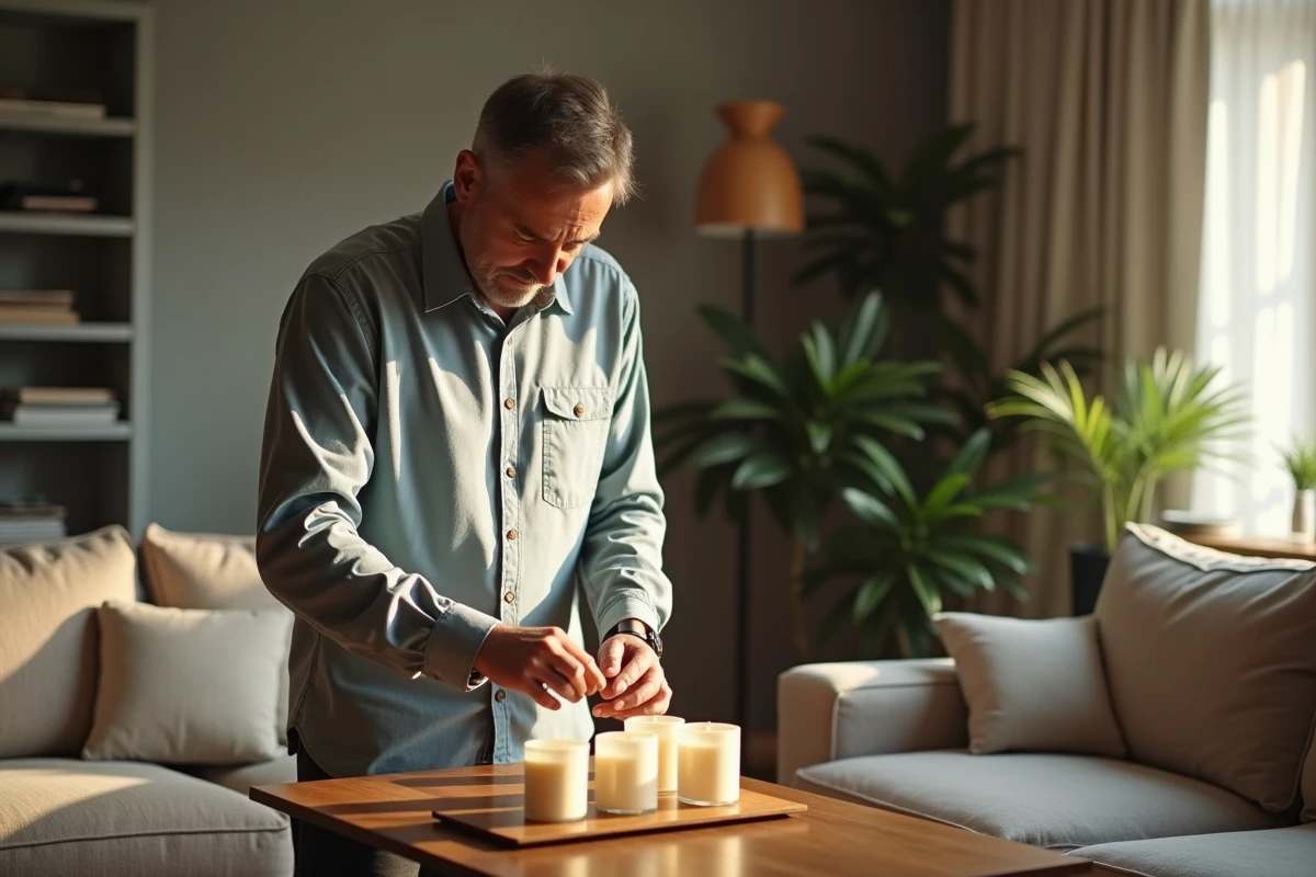 Homme examinant des bougies parfumees dans un salon lumineux