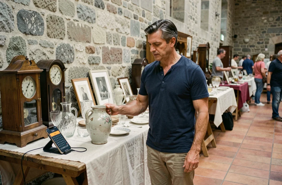 Homme examinant un objet de collection dans une foire aux antiquités en salle, avec une appli agenda brocante affichée sur son téléphone dans l'Ain