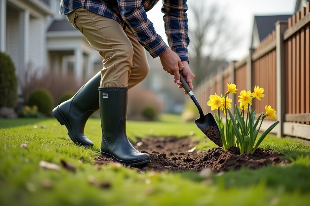 Homme âgé creuse un trou pour planter des lys dans le jardin