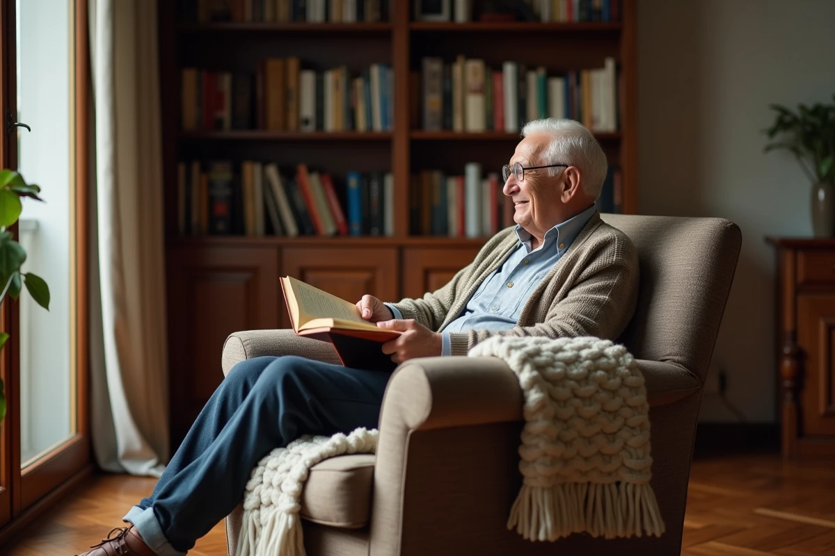 Homme âgé lisant dans un fauteuil avec décor chaleureux