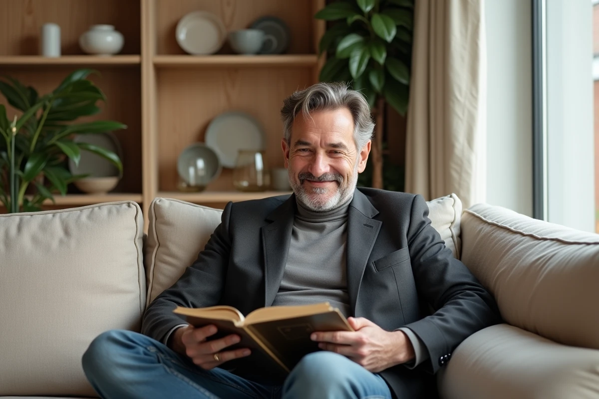 Homme lisant un livre d art dans un intérieur contemporain