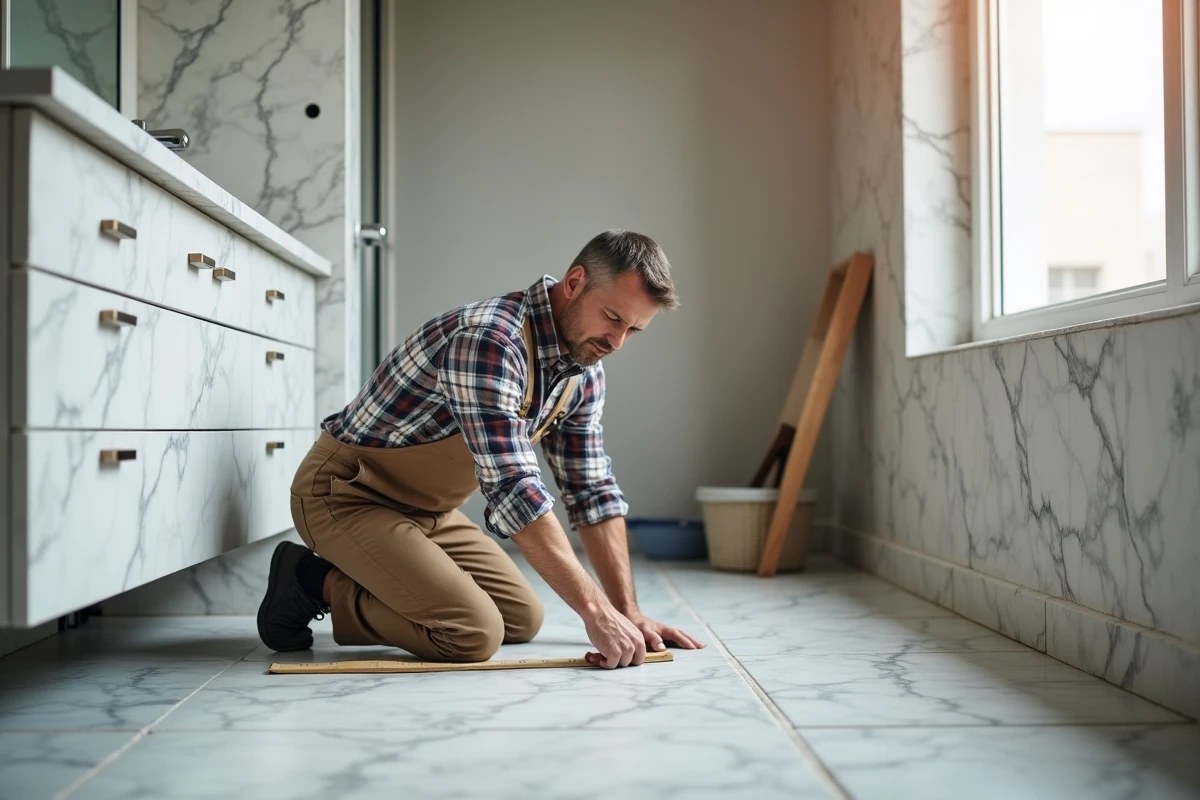 Homme en travaux mesurant un meuble de salle de bain