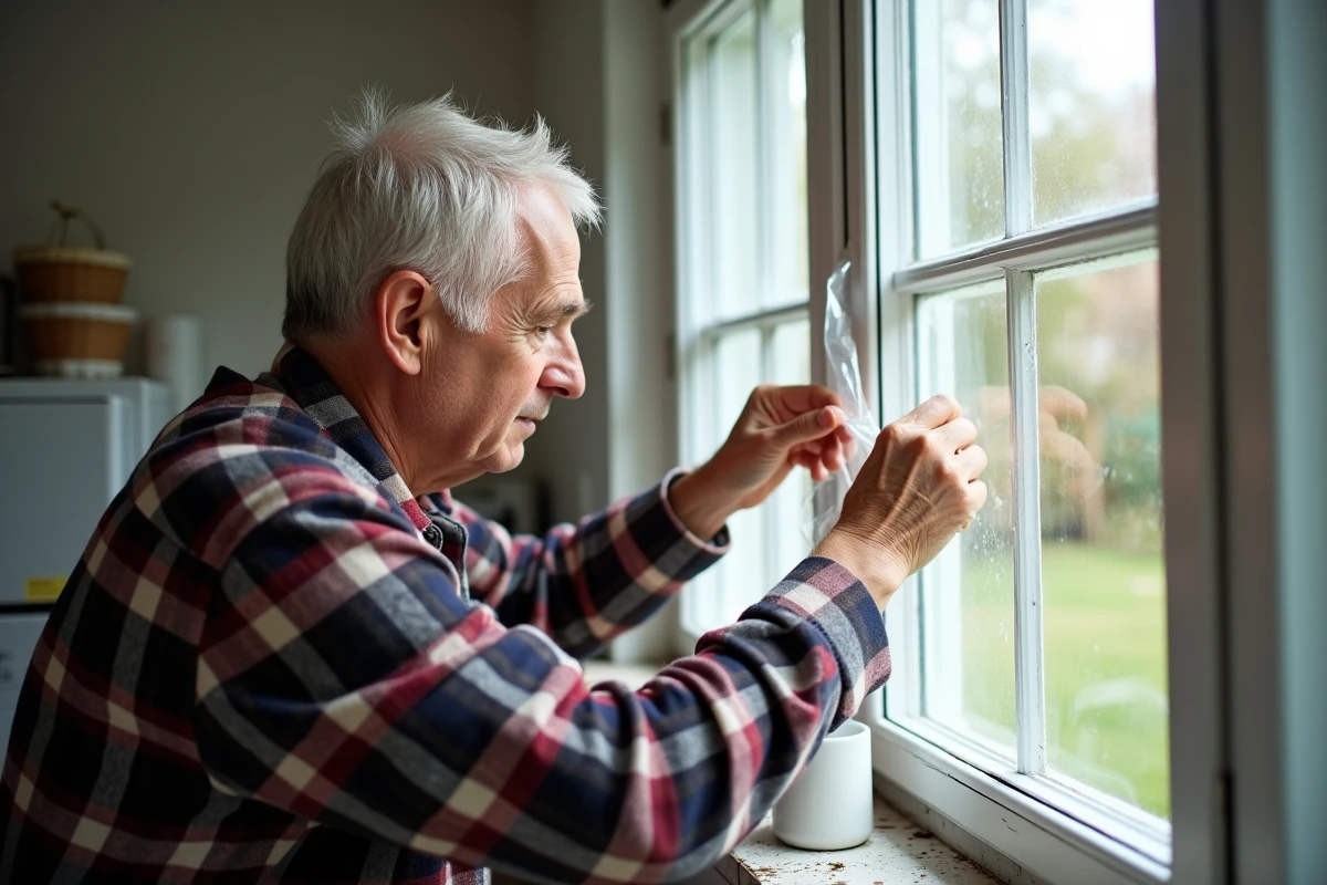 Homme mesurant une fenêtre pour isolation dans la cuisine