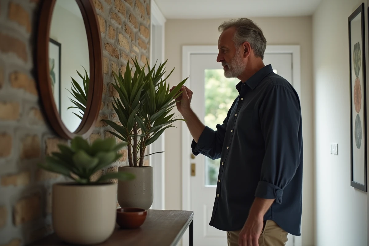 Homme évaluant un miroir dans un couloir moderne