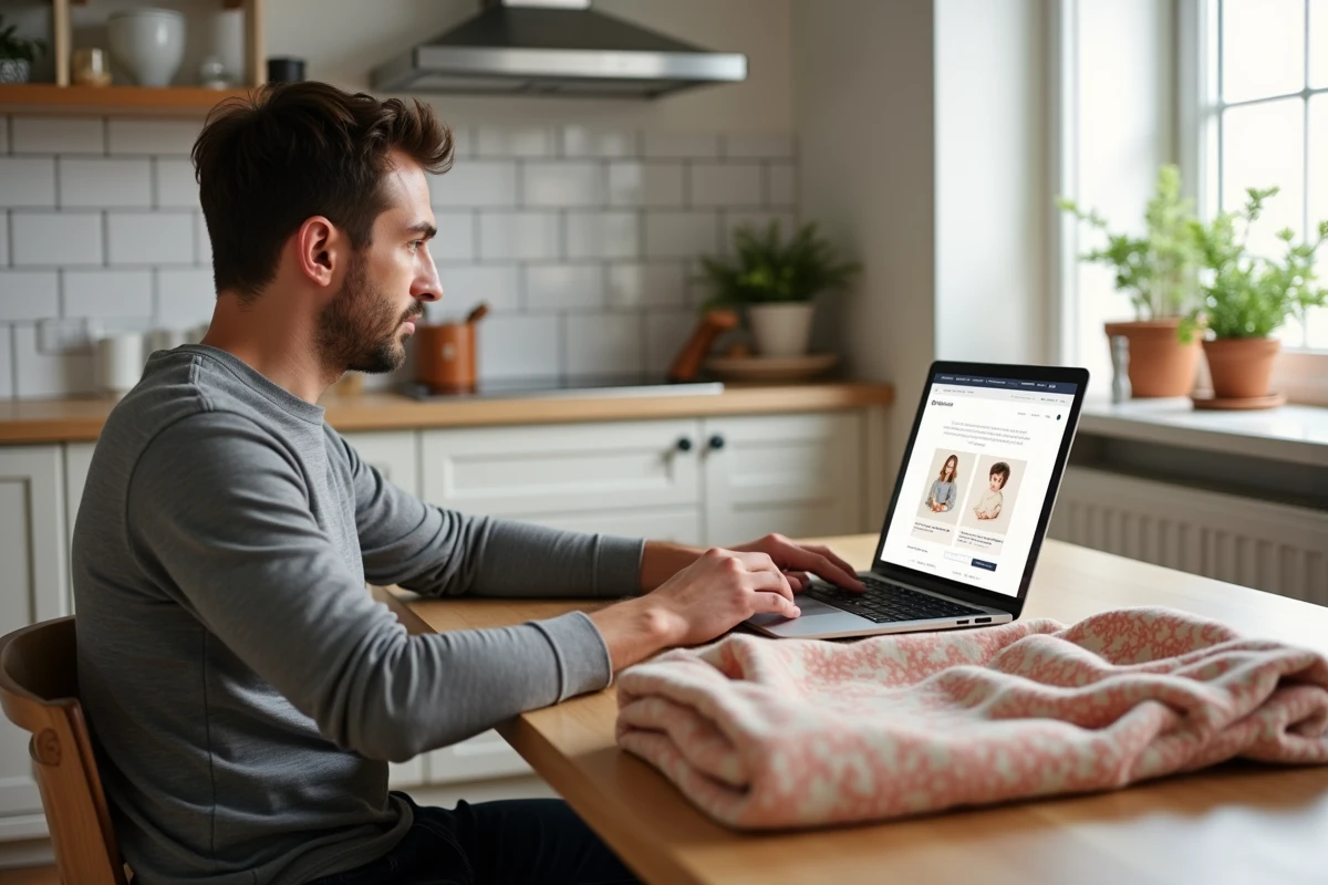 Homme parcourant le site kallou.fr sur un ordinateur portable avec une turbulette colorée posée sur une table en bois