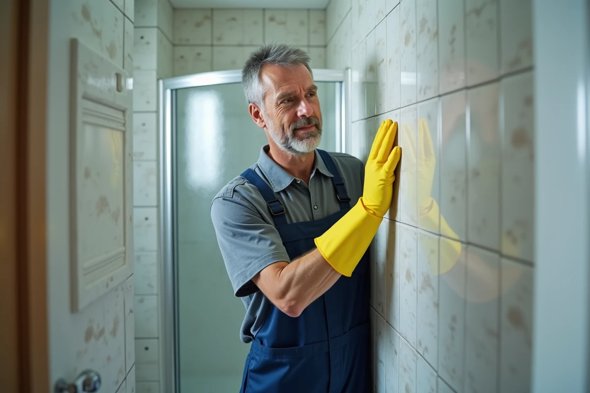 Homme en overalls nettoyant un mur de salle de bain