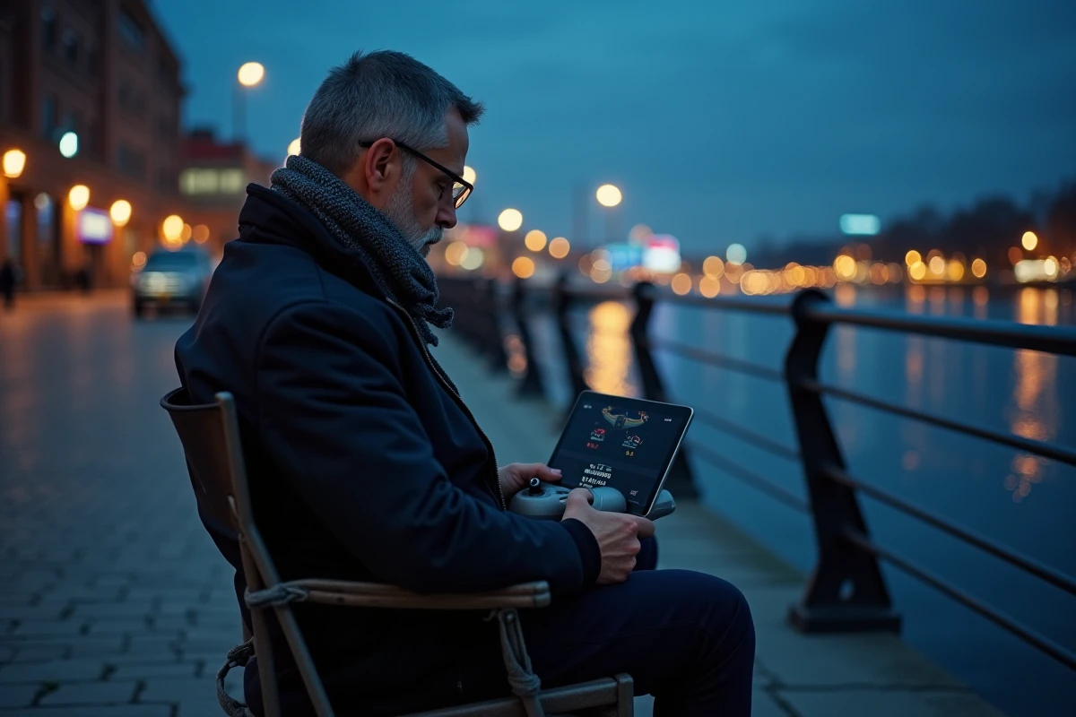 Homme drone opérant avec tablette au bord de la rivière la nuit