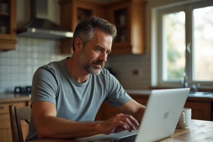 Un homme d'une quarantaine d'années consulte une plateforme de services à domicile comme Stootie sur son ordinateur portable dans sa cuisine