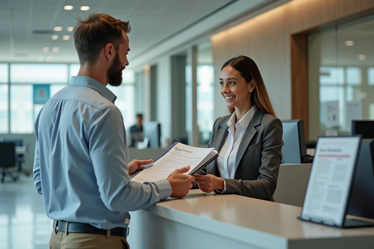 Homme remettant un dossier à une femme au guichet administratif