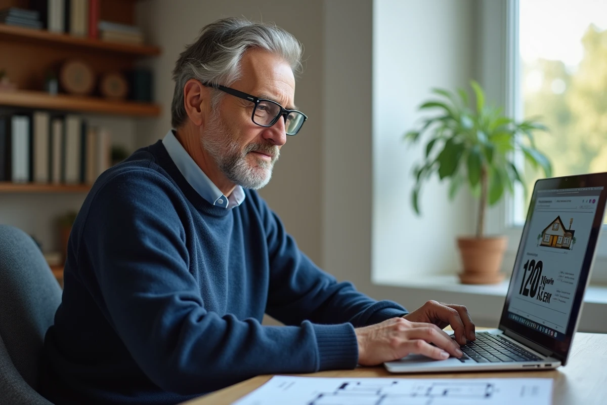 Homme utilisant un simulateur en ligne pour estimer le prix d'une assurance habitation pour une maison de 120m2, plan de maison posé sur le bureau