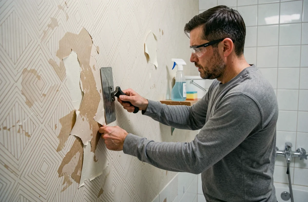 Homme utilisant une spatule pour décoller du papier peint humide dans une salle de bain