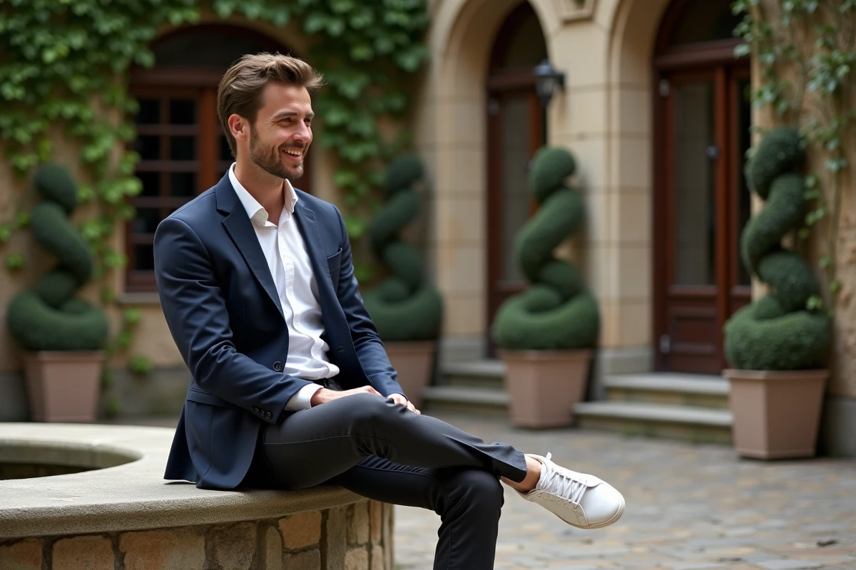 Homme en blazer W marine et sneakers blancs assis dans une cour urbaine pavée
