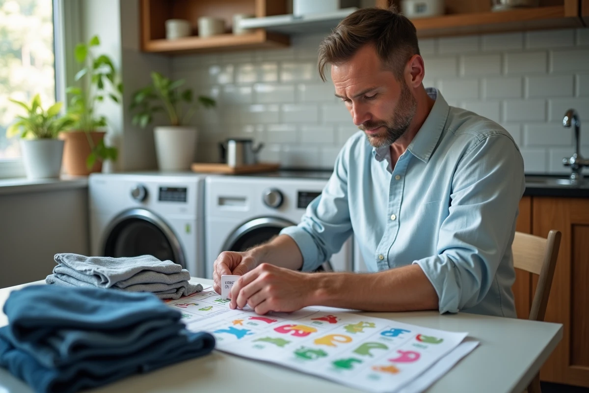 Homme triant des vêtements selon les symboles de lavage