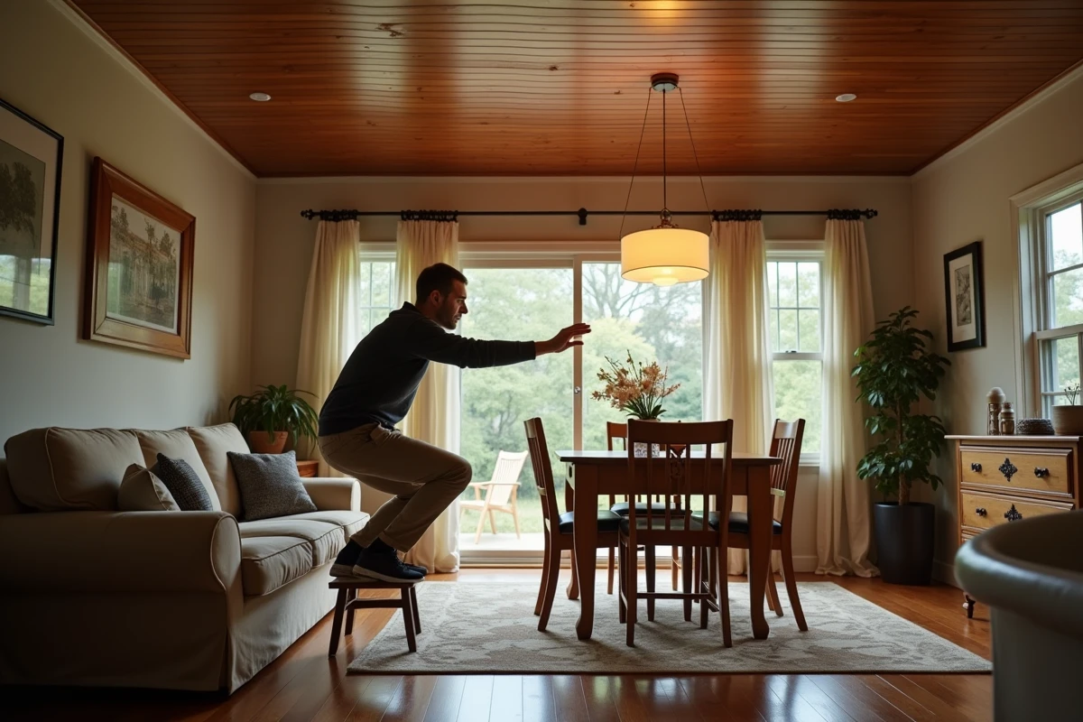 Homme vérifiant deux plafonniers dans une salle à manger