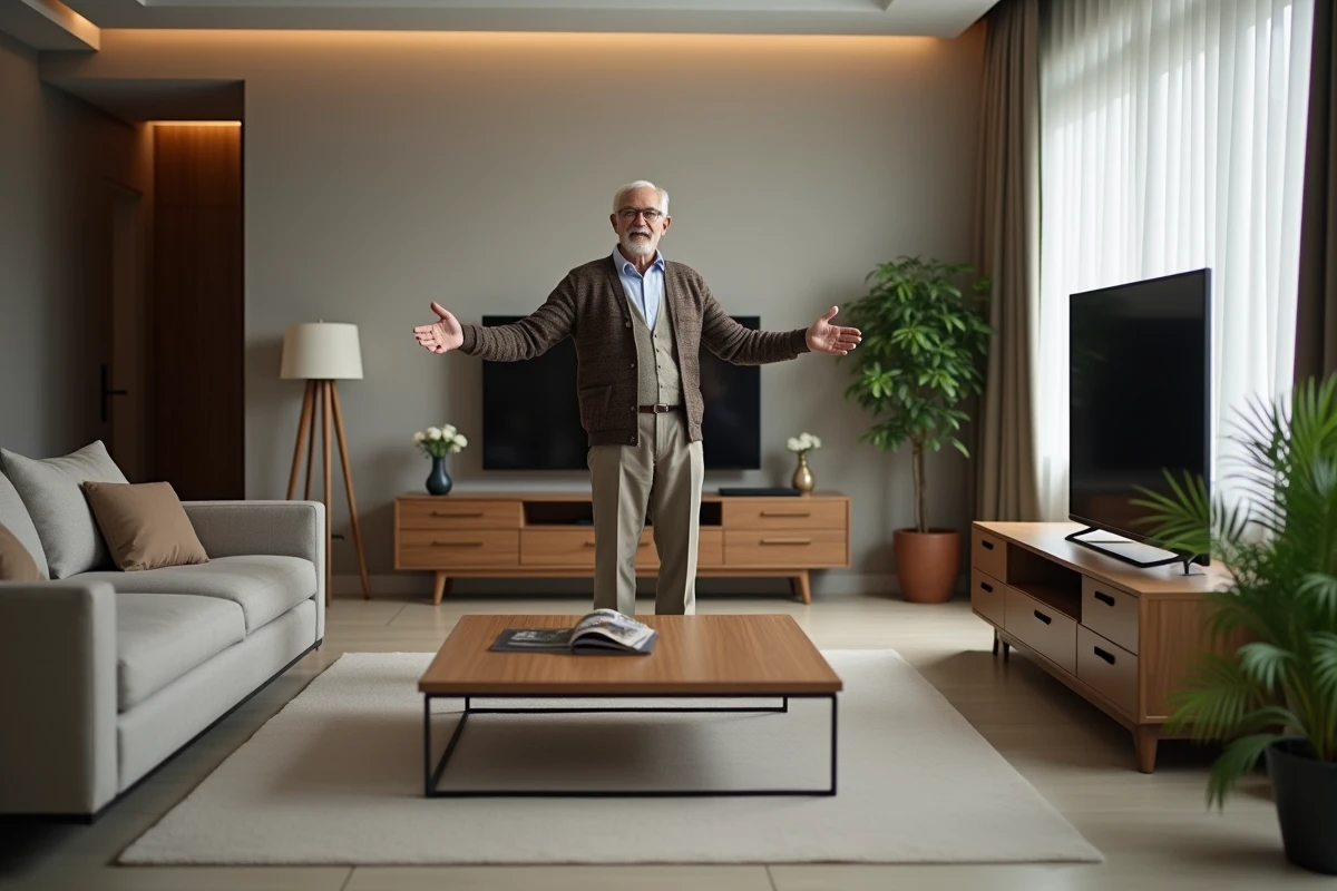 Homme âgé explique la différence de hauteur des meubles