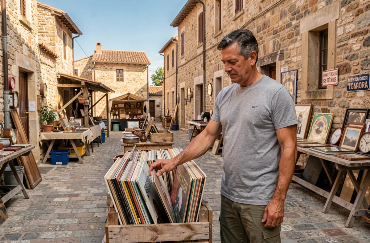 Homme fouillant des vinyles anciens dans un marché aux puces en Tarn-et-Garonne